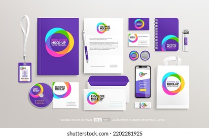 Business Stationery Brand Identity Mockup set with trendy graphics purple design part 1. Office stationary items mockup set  - editable template. Company corporate style design