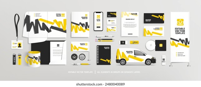 Conjunto de maquetas de identidad de marca con diseño de gráficos abstractos de moda. Maqueta de artículos estacionarios de oficina - Plantilla de Vector editable. Diseño de estilo corporativo de la empresa. Diseño de Anuncio de AD