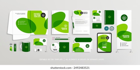 Business Stationery Brand Identity Mockup set with green abstract graphics design concept. Office stationary items mockup - editable template. Company corporate style design. Branding Stationery
