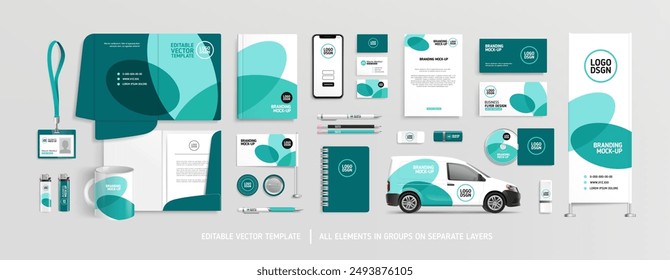 Conjunto de maquetas de identidad de marca con concepto de diseño de gráficos abstractos frescos. Maqueta de artículos de escritorio de oficina - Plantilla editable. Diseño de estilo corporativo de la empresa. Diseño de fondo Branding