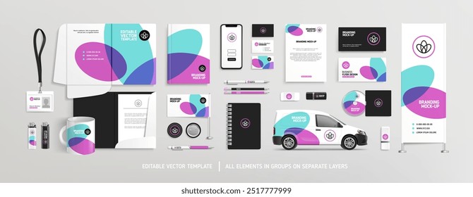 Business Stationery Brand Identity Mockup set with abstract graphics design concept. Office stationary items mockup - editable vecotr emplate. Company corporate style design. Stationery Branding set