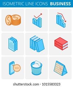 Business stationery. Colored isometric outline icon set. Vector linear symbols collection. Flat line icons of office supplies: increase, recession, money, coins, documents, wastepaper, calendar.