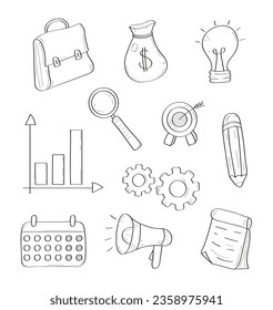 Business, stationery doodle vector set. Sketch icons briefcase, pen, megaphone, scheme. Files folders, magnifier business signs in outline style. Office doodles hand drawn icons.