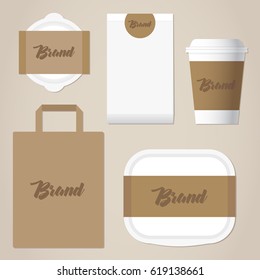 Business stationery mock-up for bakery, cafe, restaurant. Corporate identity template set. Set cup, disposable tableware, paper bag. Vector illustration.