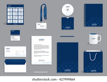 Business stationery set template, corporate identity design mock-up with blue geometric squares pattern