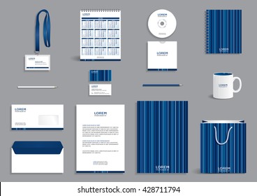 Business stationery set template, corporate identity design mock-up with modern blue stripes pattern