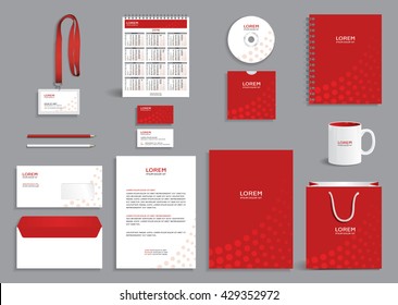 Business stationery set template, corporate identity design mock-up with red circles pattern