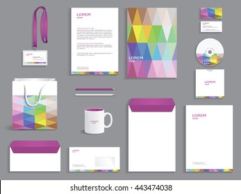 Business stationery set template, corporate identity design mock-up with abstract modern triangles pattern in different colors