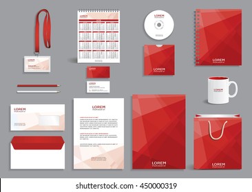 Business stationery set template, corporate identity design mock-up with abstract modern red pattern