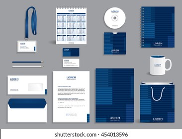 Business stationery set template, corporate identity design mock-up containing modern blue pattern with horizontal stripes