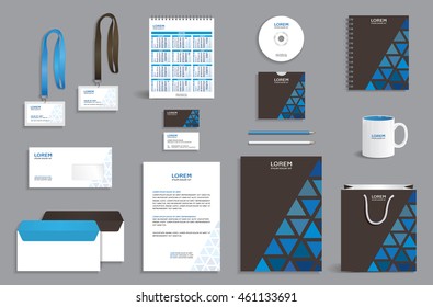 Business stationery set template, corporate identity design mock-up in brown color with blue triangles pattern