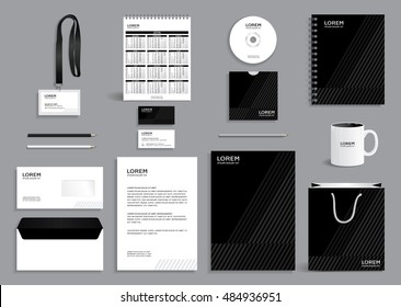 Business stationery set template, corporate identity design mock-up containing black pattern with gray stripes