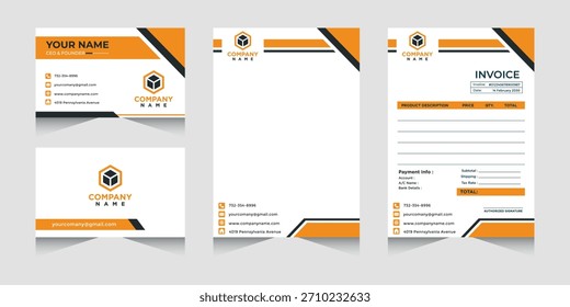 Juego de Plantillas de Vector de papelería de negocios con tarjeta de visita de doble cara, membrete, Factura y logotipo geométrico, editable para uso profesional de identidad corporativa.