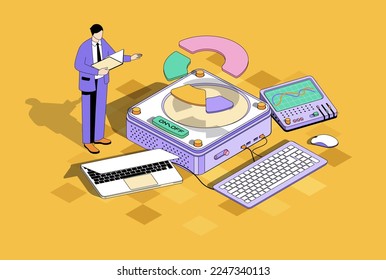 Business statistic concept in 3d isometric design. Man analyzes data and making financial report, studies charts of market research. Vector isometry illustration with people scene for web graphic