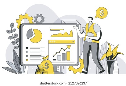 Business statistic concept with outline people scene. Man analyzes data and financial report, shows presentation and does market research. Vector illustration in flat line design for web template