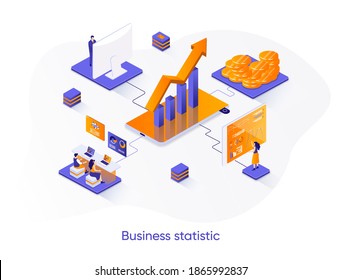 Business statistic isometric web banner. Statistical research isometry concept. Business consulting 3d scene, financial accounting and analytics flat design. Vector illustration with people characters