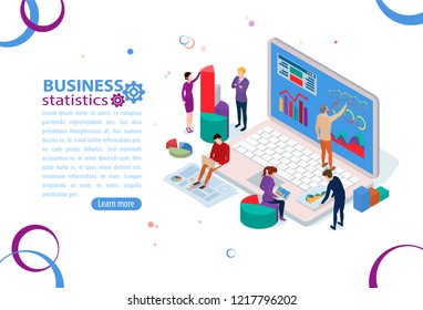 Business statistic, management and administration concept. People characters, team work on business building.  Flat isometric infographics or banner. Illustration with text place isolated on white.