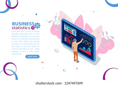 Business statistic, management and administration concept. People characters, team work on business building.  Flat isometric infographics or banner. Illustration with text place isolated on white.