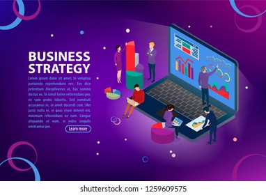 Business statistic, management and administration concept. People characters, team work on business building.  Flat isometric infographics or banner. Illustration with text place