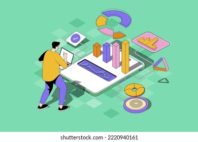 Business statistic web concept in 3d isometric design. Man analyzing data in graphs and charts, making research and accounting using mobile app. Vector web illustration with people isometry scene