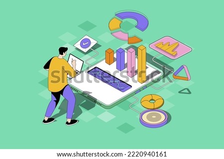 Business statistic web concept in 3d isometric design. Man analyzing data in graphs and charts, making research and accounting using mobile app. Vector web illustration with people isometry scene
