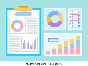 Business statistical data, graphics and charts vector. Notepad with analytical graphs and finance, scheme and project planning, income and profit growth
