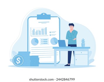 Análisis de gráfico de crecimiento estadístico de negocios de un empleado en un escritorio de oficina concepto de tendencia ilustración plana