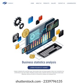 Wirtschaftsstatistiken, Finanzanalysen, Markttrends-Überwachung, Infografik 3d-isometrischer Vektorgrafik