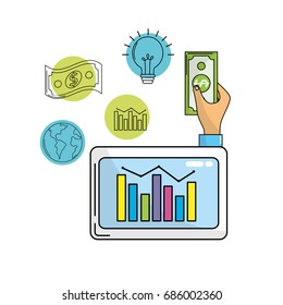 business statistics bar inside computer and cash money