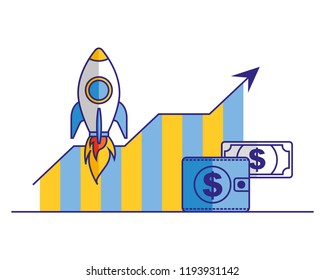 business statistics chart rocket and wallet money