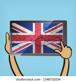 business statistics chart showing different growing graphs with Great Britain flag on screen of tablet on blue background