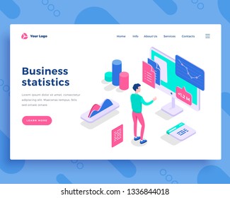 Business statistics concept, office man interact with screen. Landing page template. 3d isometric vector illustration.
