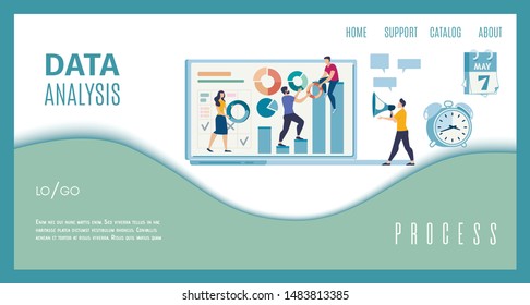 Business Statistics Data Analysis Company, Digital Marketing Online Service Flat Vector Web Banner, Landing Page Template. Business Team Working Together for Financial Indicators Growth Illustration