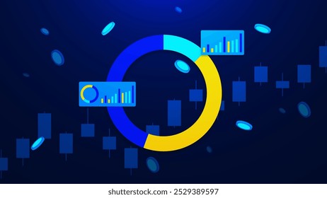 Business statistics, financial growth and investment concept with diagram, coins and candlesticks chart graph on dark blue background. Vector illustration