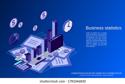 Business statistics, financial report flat isometric vector concept illustration