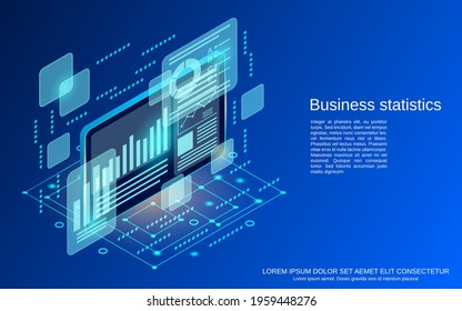 Business statistics, financial report flat isometric vector concept illustration