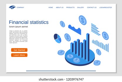 Business statistics flat isometric vector concept illustration. Website landing page design template