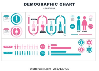 Ilustración vectorial de gráficos de estadísticas de negocios, gráfico demográfico de población, Elementos de Vector de infografía moderna de personas. Números, personas, hombre, mujer, Ilustración vectorial de gráfico de estadísticas