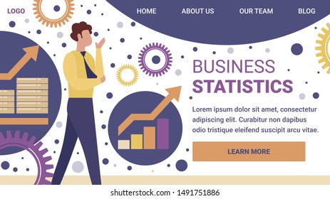 Business Statistics Horizontal Banner. Businessman, Thinking Consultant or Couch Trainer Stand on Abstract Background with Growing Charts, Graphs, Gears and Cogwheels. Cartoon Flat Vector Illustration