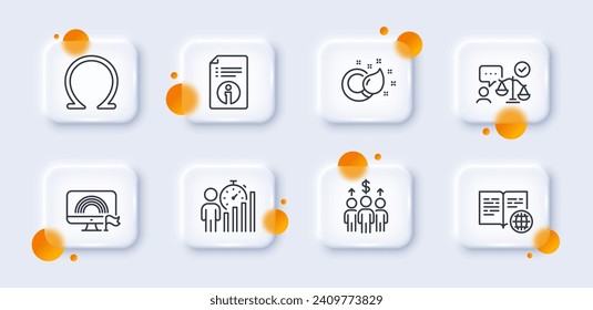 Business statistics, Lgbt and Lawyer line icons pack. 3d glass buttons with blurred circles. Omega, Technical info, Meeting web icon. Internet book, Paint brush pictogram. Vector