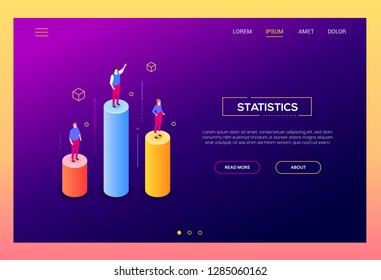 Business statistics - modern isometric vector web banner on purple background with copy space for text. High quality illustration with managers, workers standing on diagram bars. Analytics concept