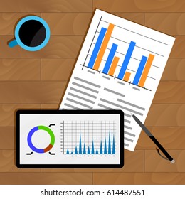 Business statistics on table. Profit marketing view, diagram and chart on tablet. Vector illustration