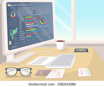 Business statistics on white PC, bright office vector illustration of analytics information visualized in infographics set, coffee cup and glasses