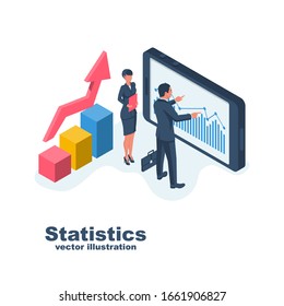 Estadísticas empresariales. Los hombres y mujeres de negocios analizan los datos. Consultoría, concepto de análisis. Diseño isométrico plano vectorial. Aislado sobre fondo blanco. Administración financiera. 