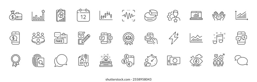 Business statistics, Pie chart and Currency rate line icons. Pack of Inspect, Typewriter, Chat message icon. Meeting, Smartphone sms, Trade infochart pictogram. Success, Fake document. Vector