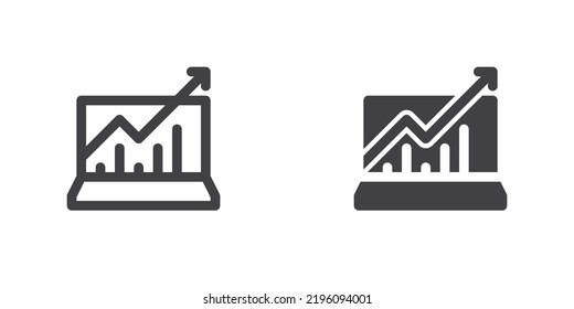 Business statistics screen icon, line and glyph version, outline and filled vector sign. Laptop with upward arrow linear and full pictogram. Symbol, logo illustration. Different style icons set
