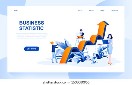 Business statistics vector landing page template with header. Financial research web banner, homepage design with flat illustrations. Company development, economic analysis website layout