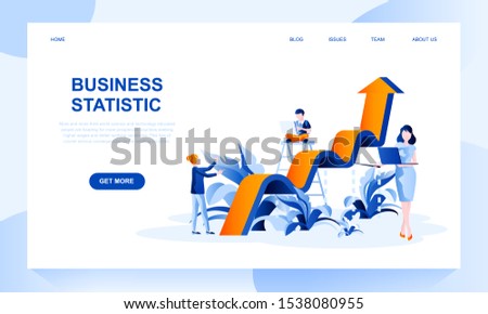 Business statistics vector landing page template with header. Financial research web banner, homepage design with flat illustrations. Company development, economic analysis website layout