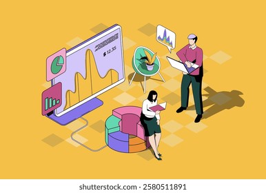 Business statistics web concept in 3d isometric graphic design. Isometry people scene with team analyzing stock market on diagrams, researching charts and graphs at screens. Vector illustration.