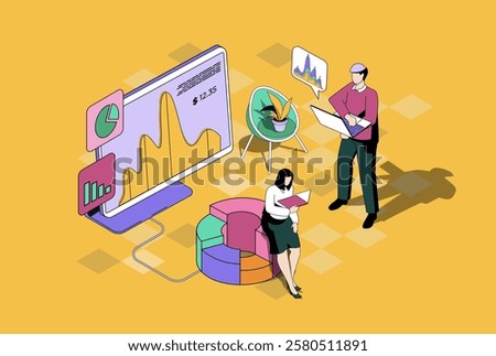Business statistics web concept in 3d isometric graphic design. Isometry people scene with team analyzing stock market on diagrams, researching charts and graphs at screens. Vector illustration.